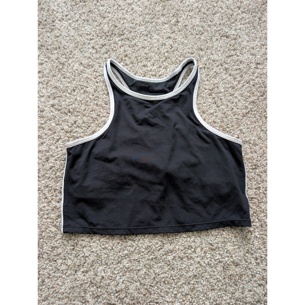 Fabletics Womens Black White Contrast Trim High Neck Racerback Crop Tank Top